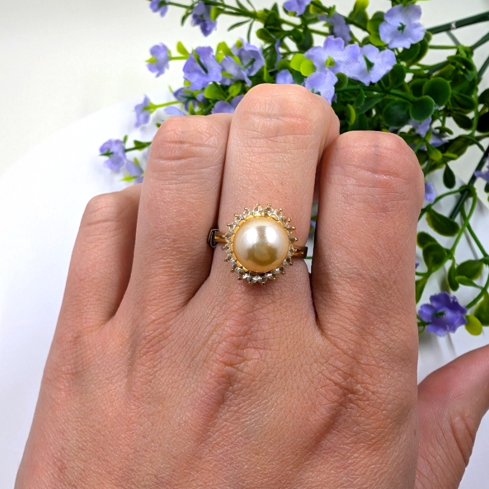 Gorgeous Pearl and Crystal Gold Plated Halo Ring with Size Adjuster